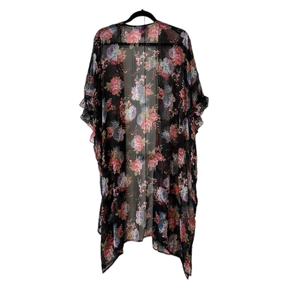 Betsey Johnson Sheer Black & Pink Floral Cardigan Cover Up Kimono - Picture 1 of 9